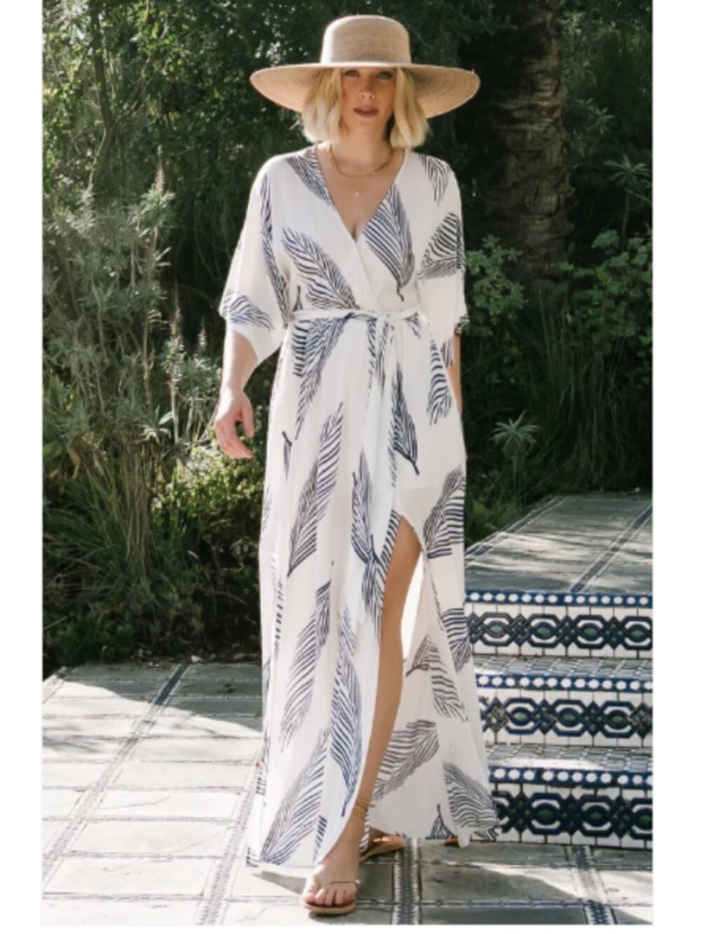 NEW! Baltic Born Corinth Navy White Leaf Kimono Maxi Dress S BEACH BOHO TROPICAL